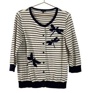 Talbots Sweater Womens Medium Navy Striped Dragonfly Button V Neck Cardigan